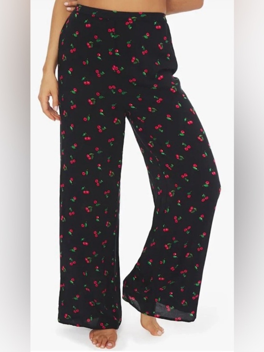 We Wore What Black Wide-Leg Cherry Print Pants: Medium